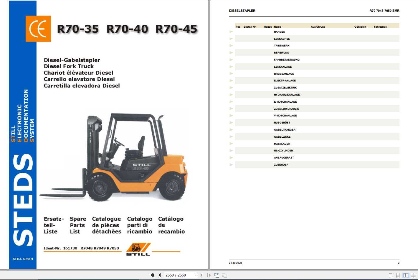 Still Diesel Fork Truck R70 35 R70 40 R70 45 R7048 R7050 EMR Spare Parts List DE 1