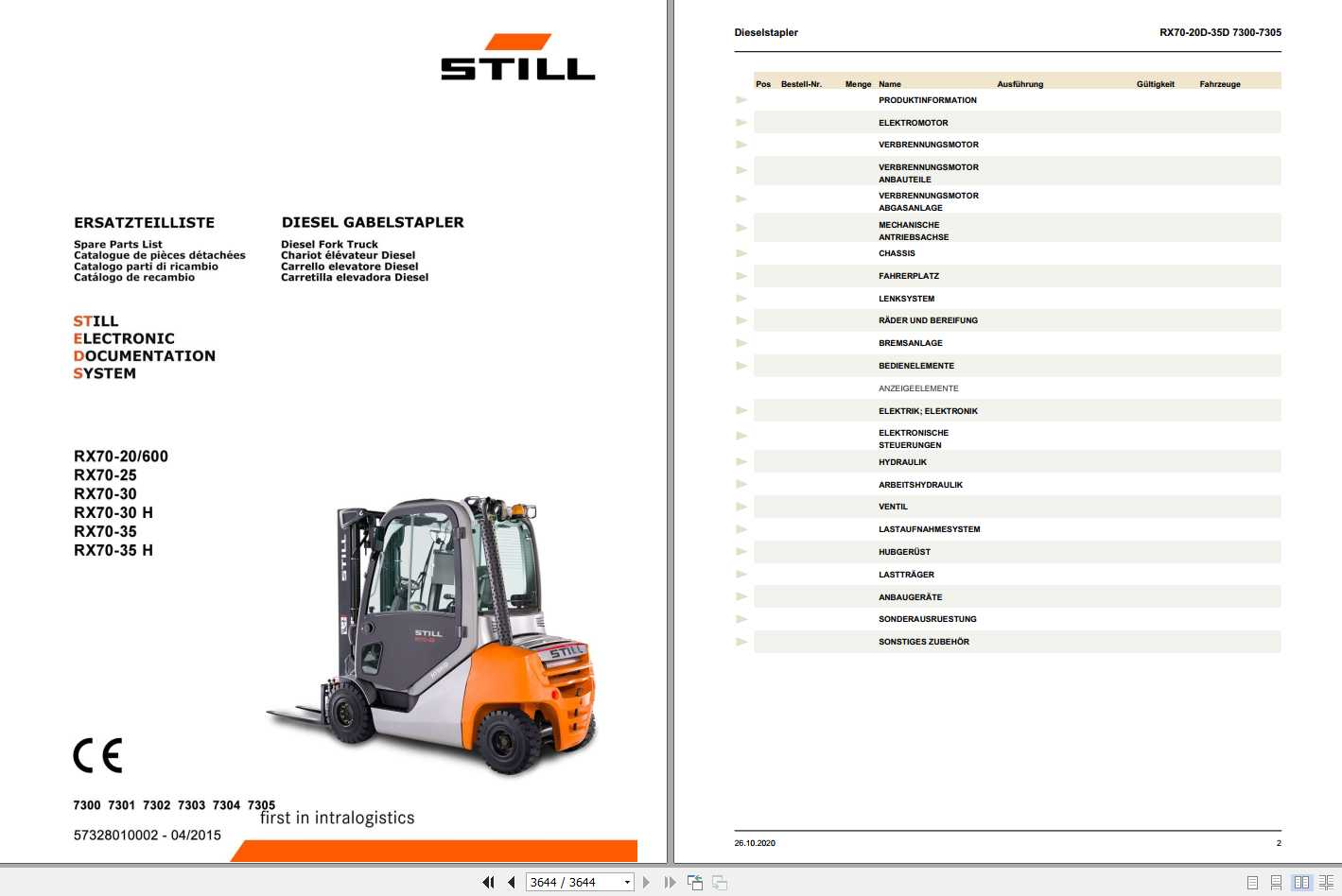 Still Diesel Fork Truck RX70 20 RX70 25 RX70 30H RX70 35H 7300 7305 Spare Parts List DE 1