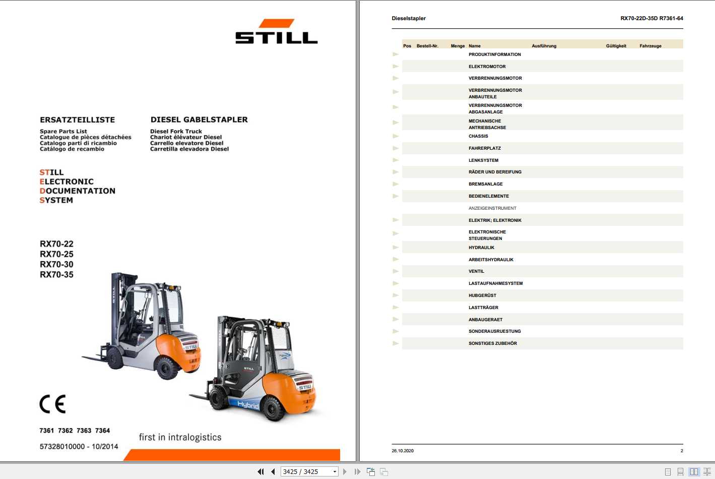 Still Diesel Fork Truck RX70 22 RX70 25 RX70 30 RX70 35 7361 7364 Spare Parts List DE 1