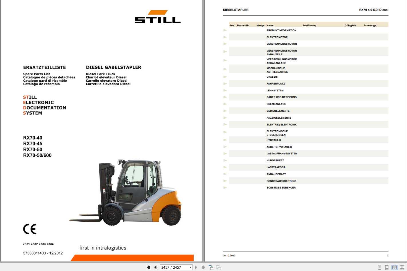 Still Diesel Fork Truck RX70 40 RX70 45 RX70 50 7331 7334 Spare Parts List DE 1