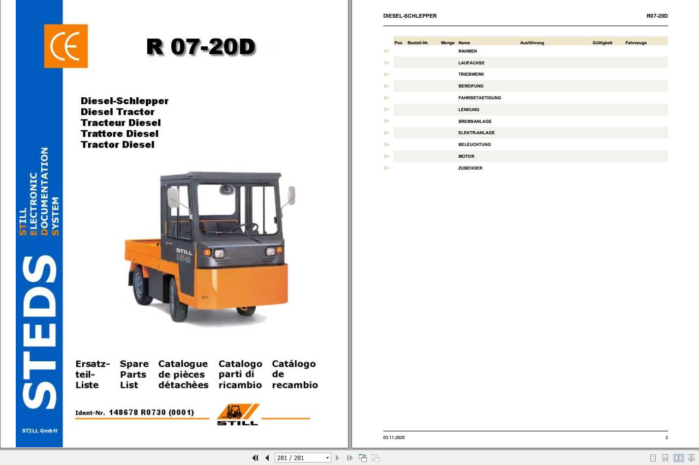 Still Diesel Tractor R07 20D Spare Parts Lists DE 1