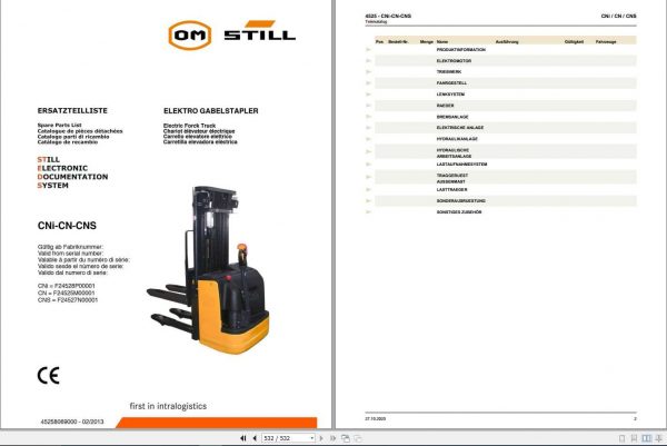 Still Electric Fork Truck CNi CN CNS Spare Parts Lists DE 1