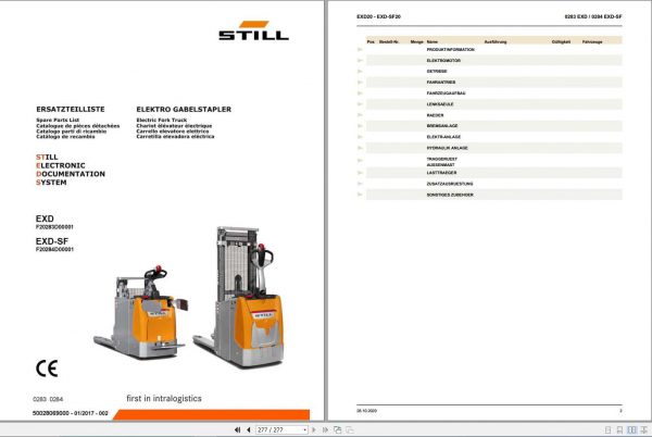 Still Electric Fork Truck EXD EXD SF 0283 0284 Spare Parts List DE 1