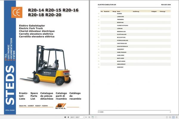 Still Electric Fork Truck R20 14 R20 15 R20 16 R20 18 R20 20 R2037 R2044 Spare Parts List DE 1