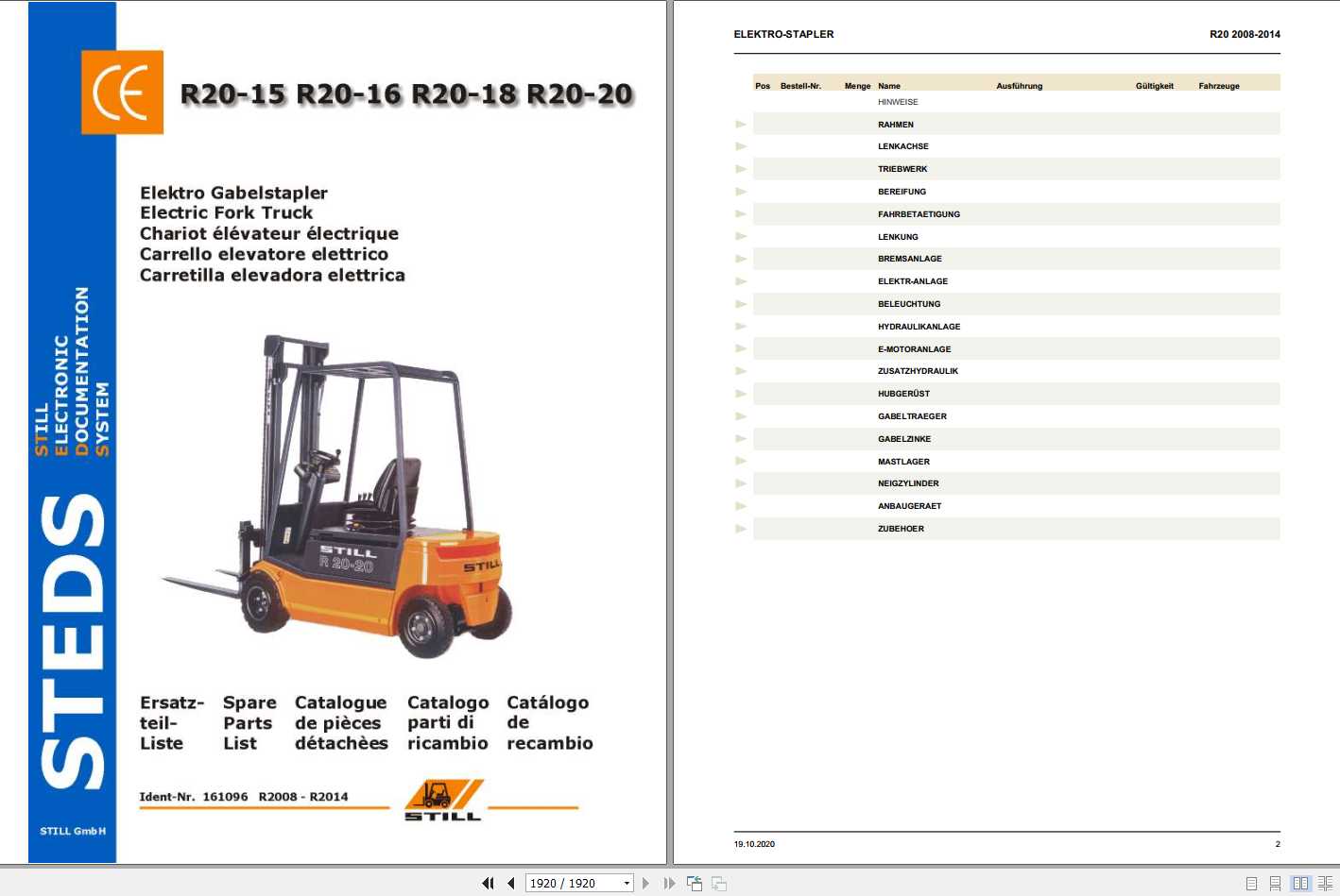Still Electric Fork Truck R20 15 R20 16 R20 18 R20 20 R2008 R2014 Spare Parts List DE 1