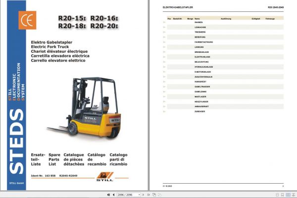 Still Electric Fork Truck R20 15i R20 16i R20 18i R20 20i R2045 R2049 Spare Parts List DE 1