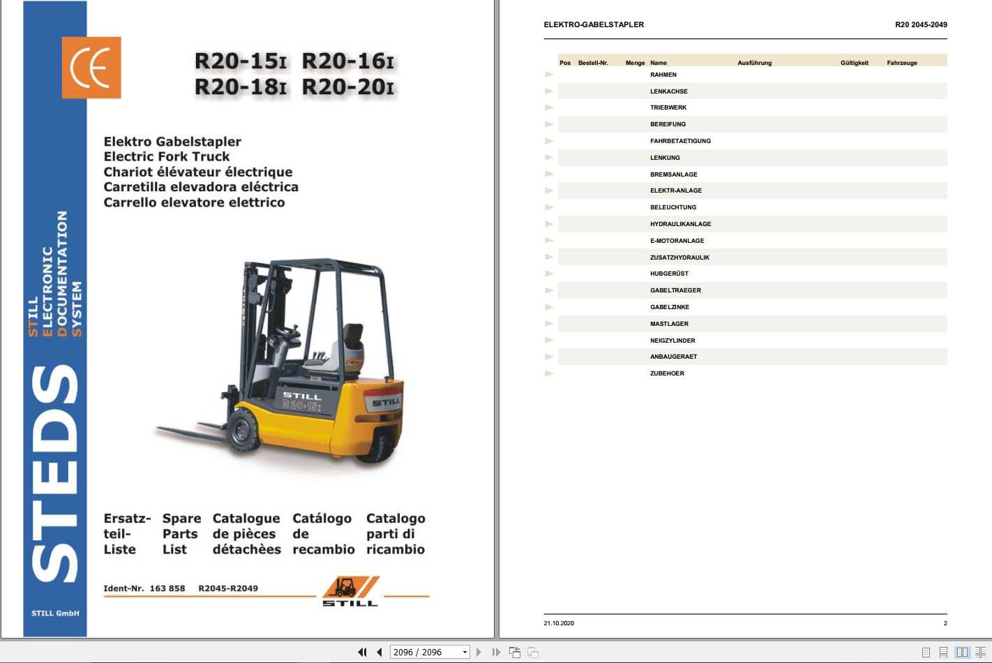 Still Electric Fork Truck R20 15i R20 16i R20 18i R20 20i R2045 R2049 Spare Parts List DE 1