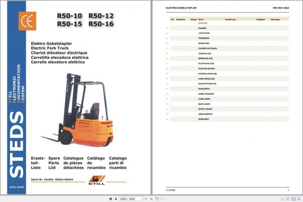 Still Electric Fork Truck R50 10 R50 12 R50 15 R50 16 R5041 R5044 Spare Parts List DE 1