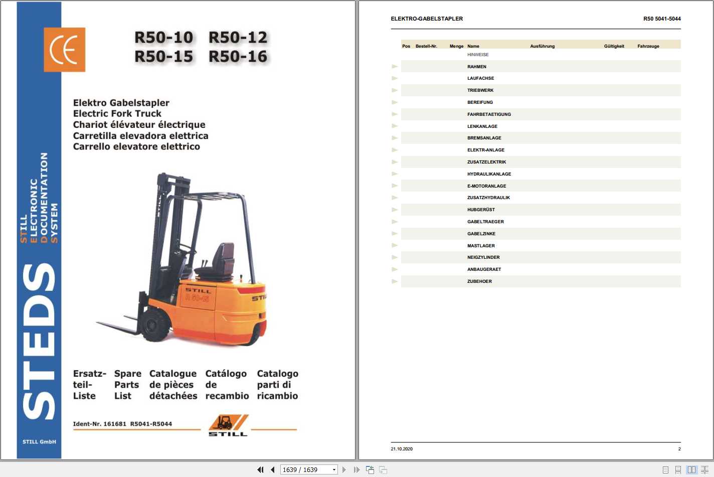 Still Electric Fork Truck R50 10 R50 12 R50 15 R50 16 R5041 R5044 Spare Parts List DE 1