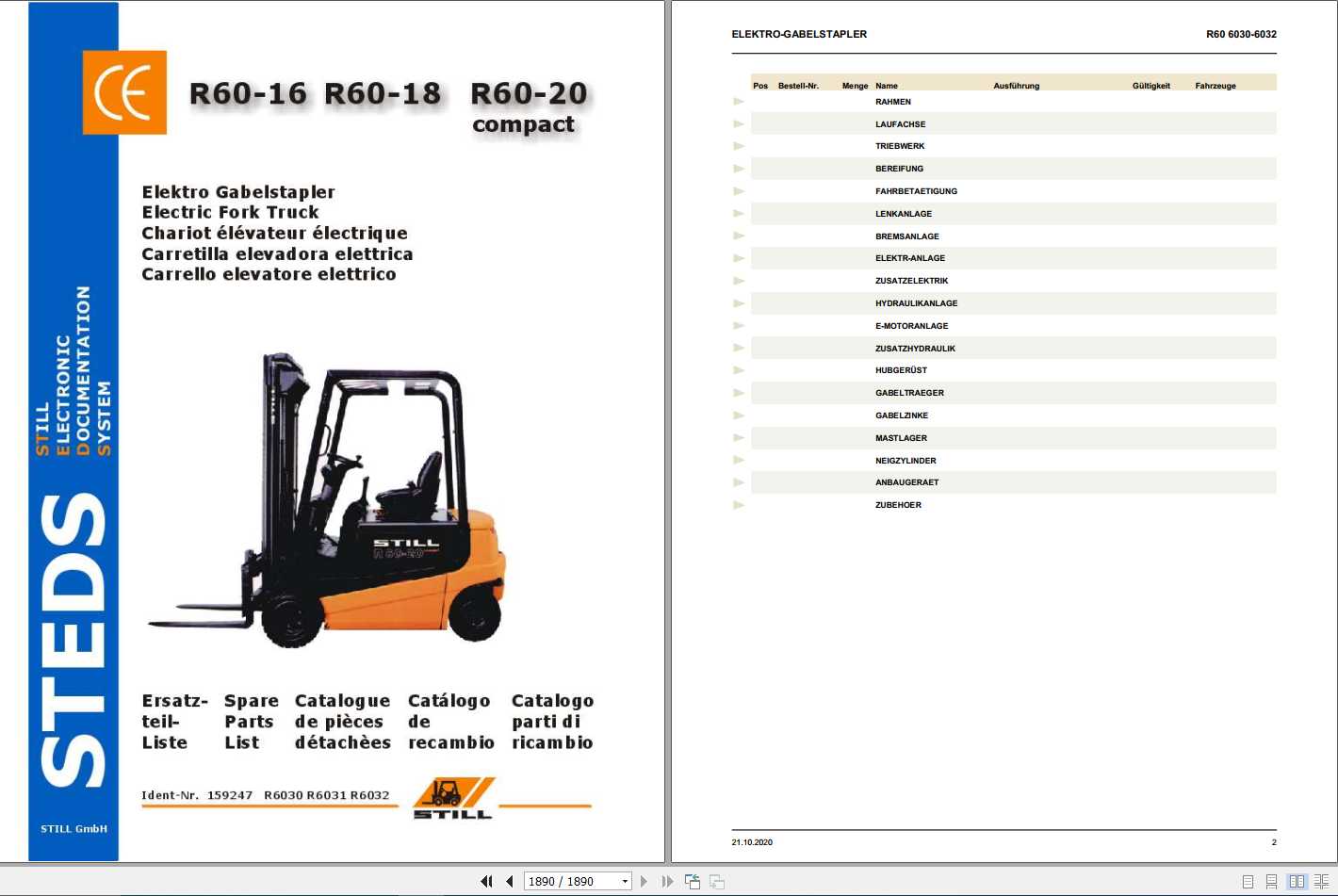 Still Electric Fork Truck R60 16 R60 18 R60 20 Compact R6030 R6032 Spare Parts List DE 1