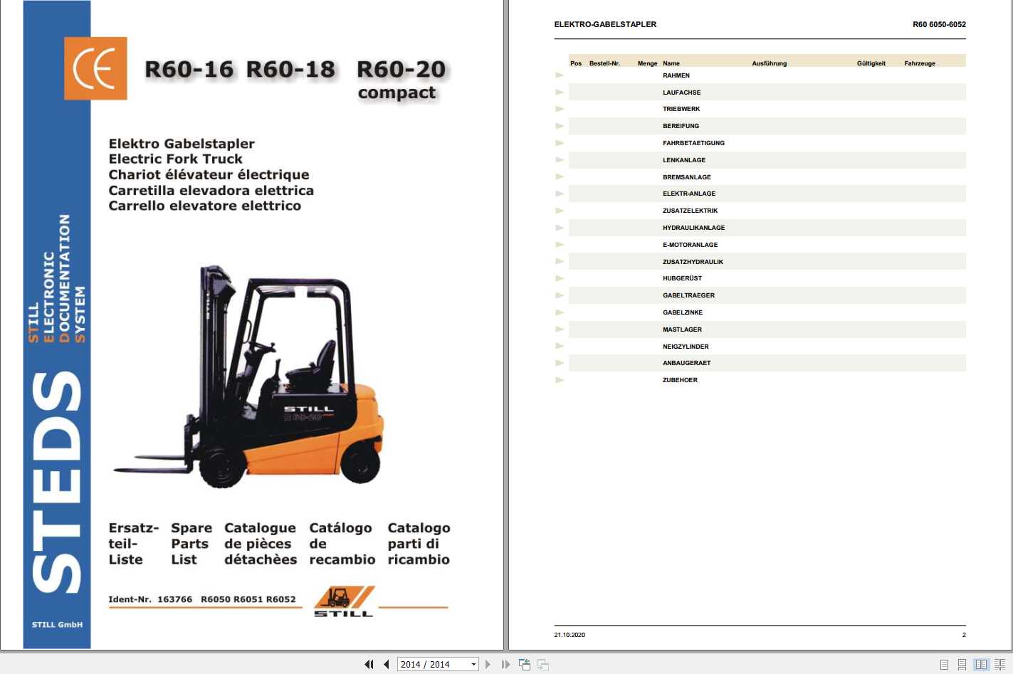 Still Electric Fork Truck R60 16 R60 18 R60 20 Compact R6050 R6052 Spare Parts List DE 1