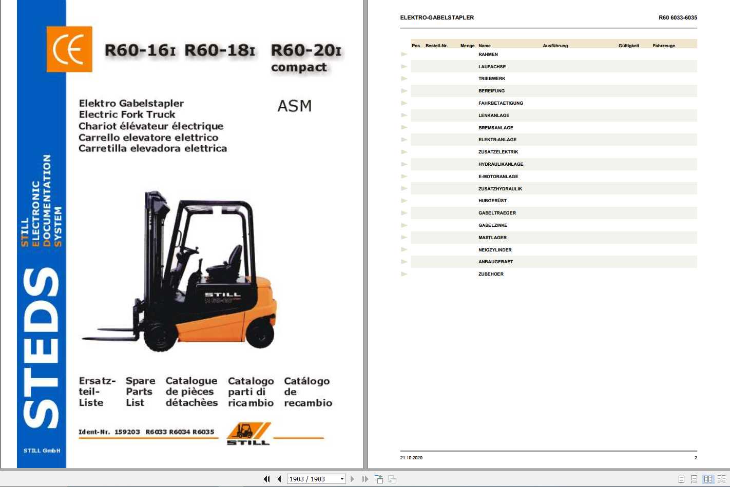 Still Electric Fork Truck R60 16i R60 18i R60 20i Compact R6033 R6035 Spare Parts List DE 1