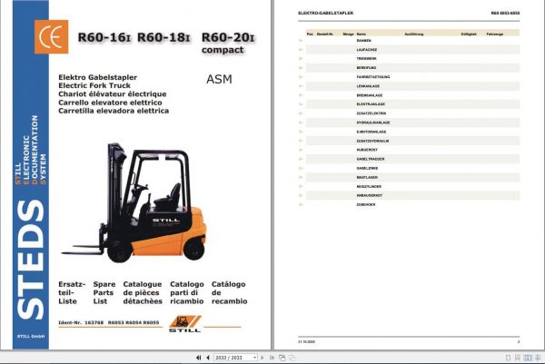 Still Electric Fork Truck R60 16i R60 18i R60 20i Compact R6053 R6055 Spare Parts List DE 1