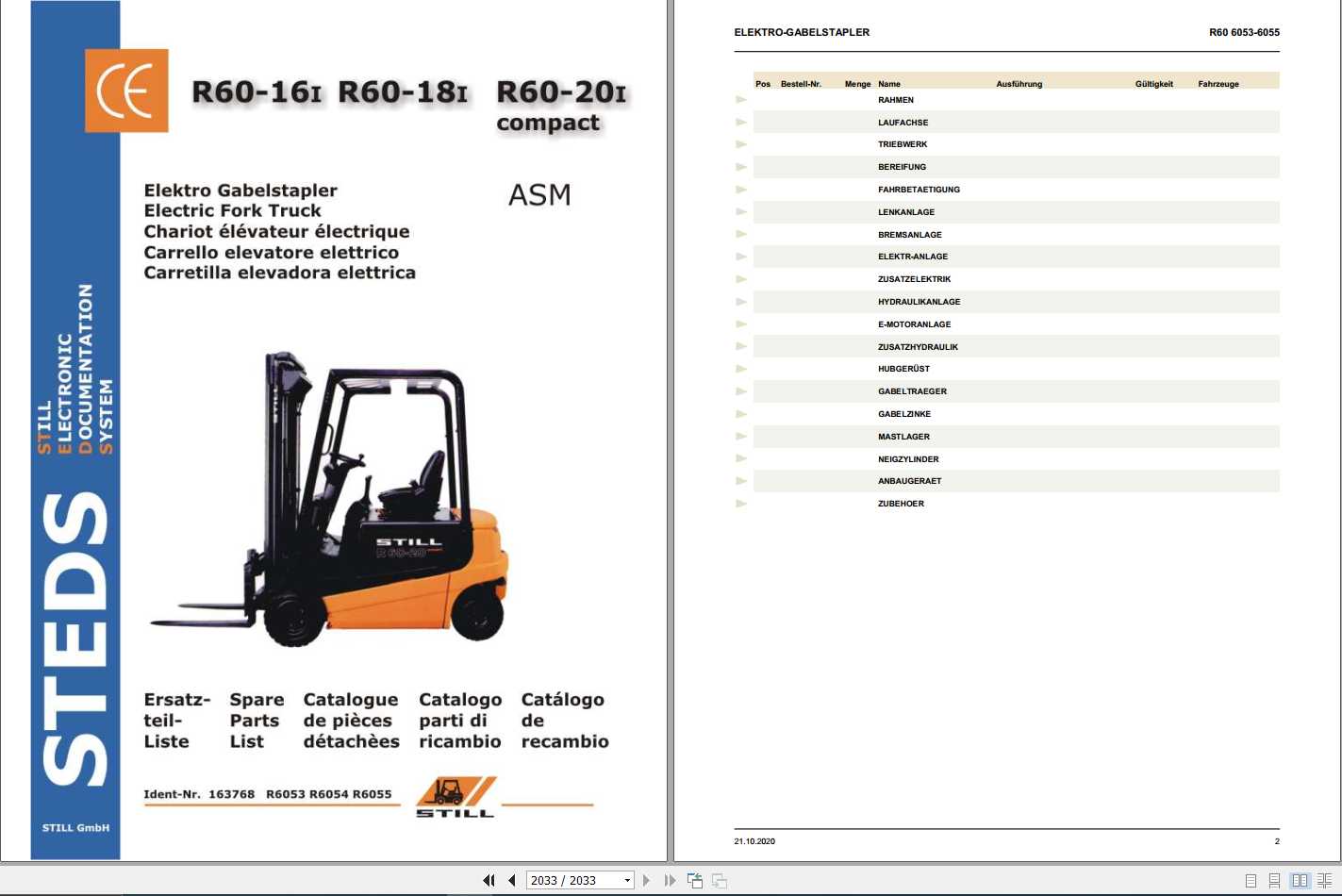 Still Electric Fork Truck R60 16i R60 18i R60 20i Compact R6053 R6055 Spare Parts List DE 1
