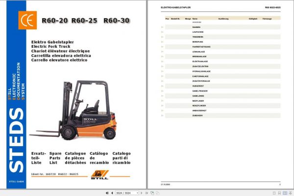 Still Electric Fork Truck R60 20 R60 25 R60 30 R6022 R6025 Spare Parts List DE 1