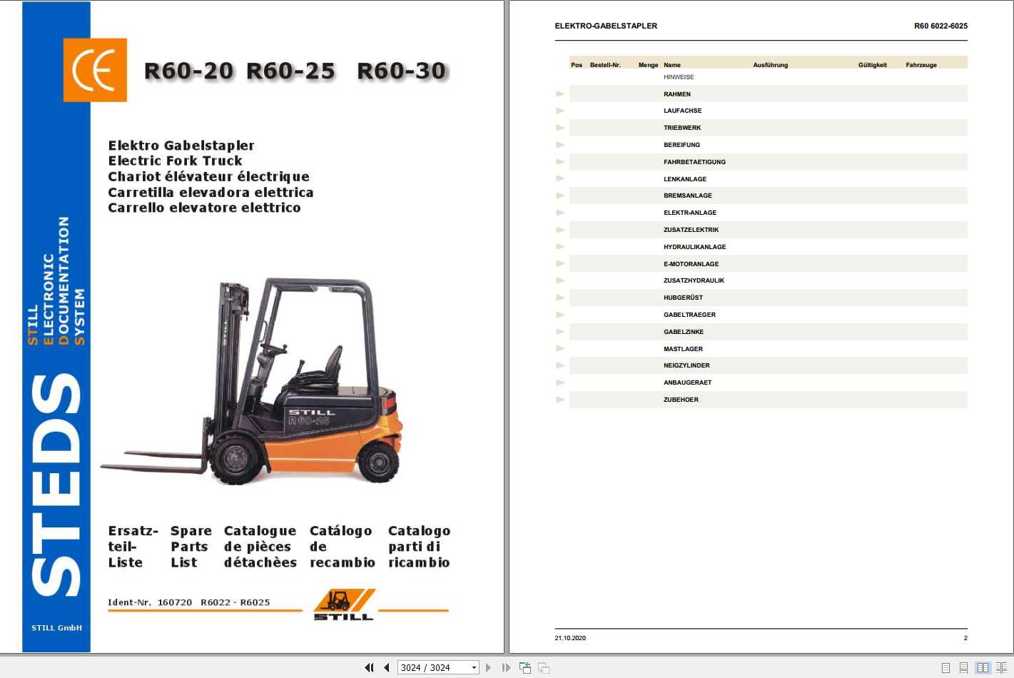 Still Electric Fork Truck R60 20 R60 25 R60 30 R6022 R6025 Spare Parts List DE 1