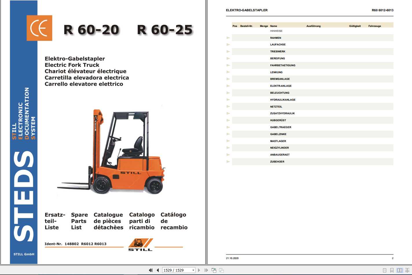 Still Electric Fork Truck R60 20 R60 25 R6012 R6013 Spare Parts List DE 1