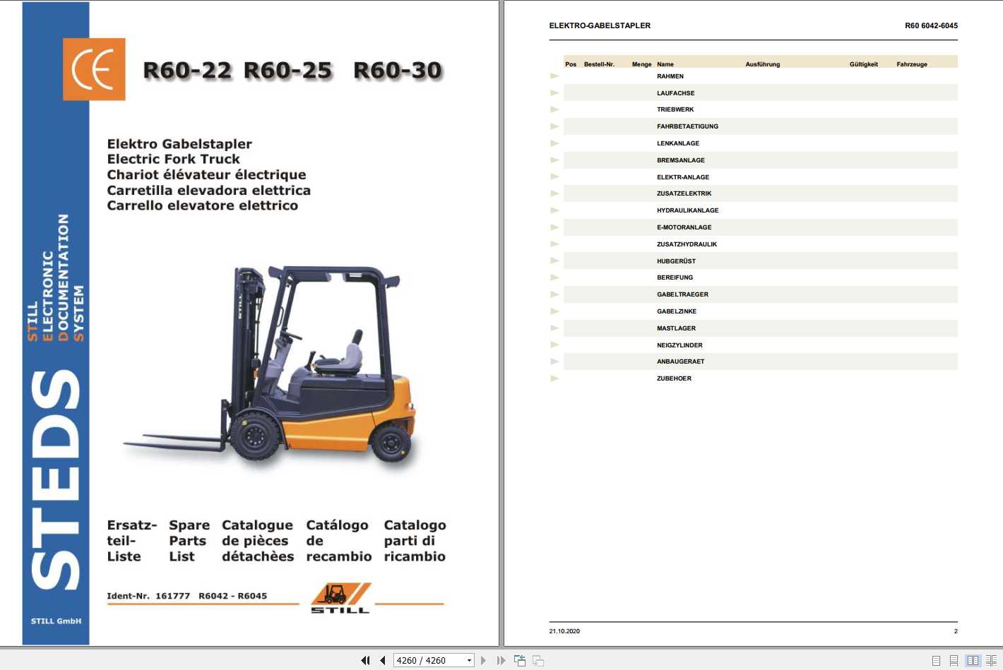 Still Electric Fork Truck R60 22 R60 25 R60 30 R6042 R6045 Spare Parts List DE 1