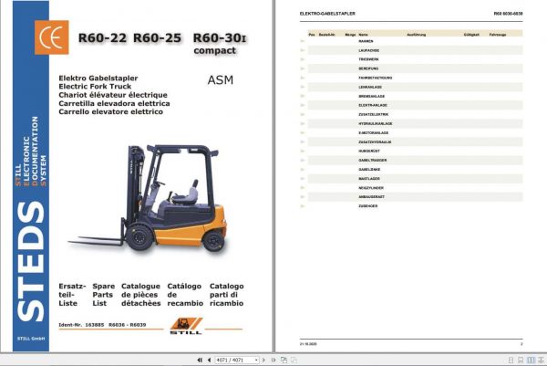 Still Electric Fork Truck R60 22 R60 25 R60 30i Compact R6036 R6039 Spare Parts List DE 1