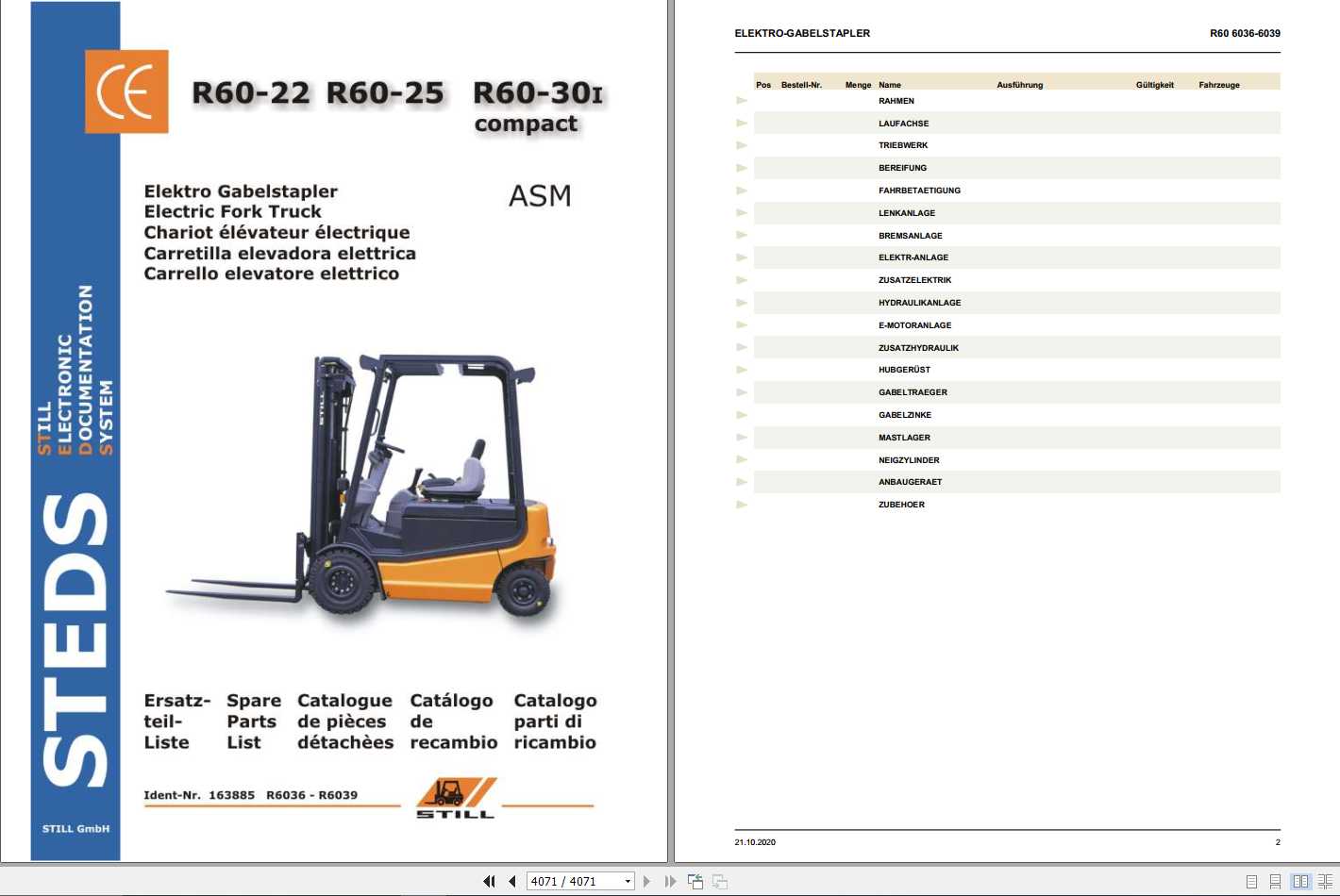 Still Electric Fork Truck R60 22 R60 25 R60 30i Compact R6036 R6039 Spare Parts List DE 1