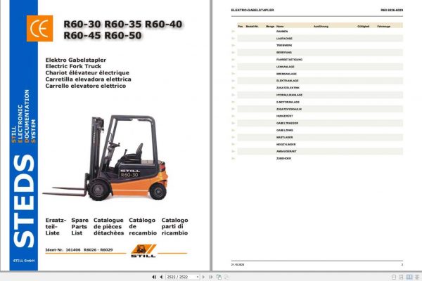 Still Electric Fork Truck R60 30 R60 35 R60 40 R60 45 R60 50 R6026 R6029 Spare Parts List DE 1