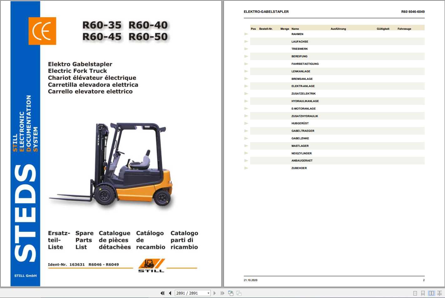 Still Electric Fork Truck R60 35 R60 40 R60 45 R60 50 R6046 R6049 Spare Parts List DE 1