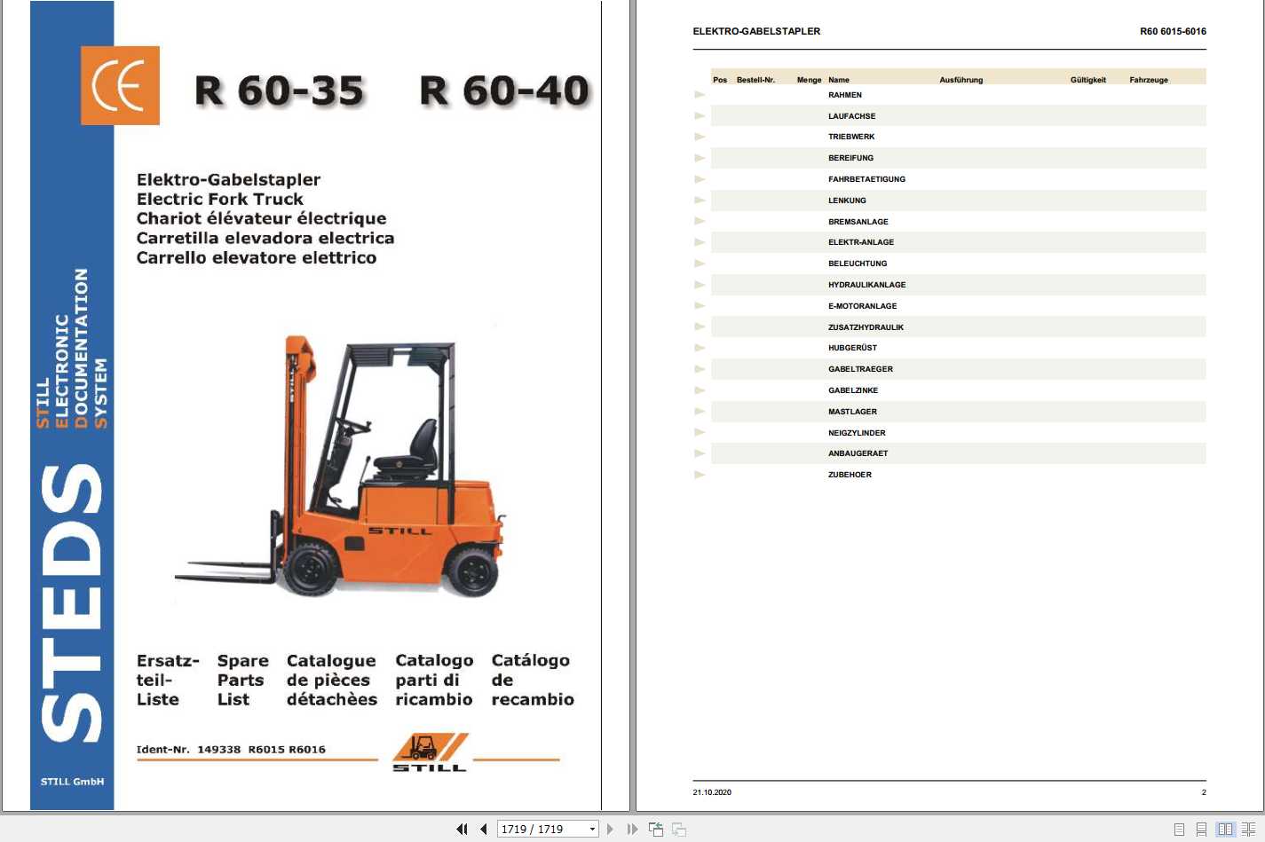 Still Electric Fork Truck R60 35 R60 40 R6015 R6016 Spare Parts List DE 1