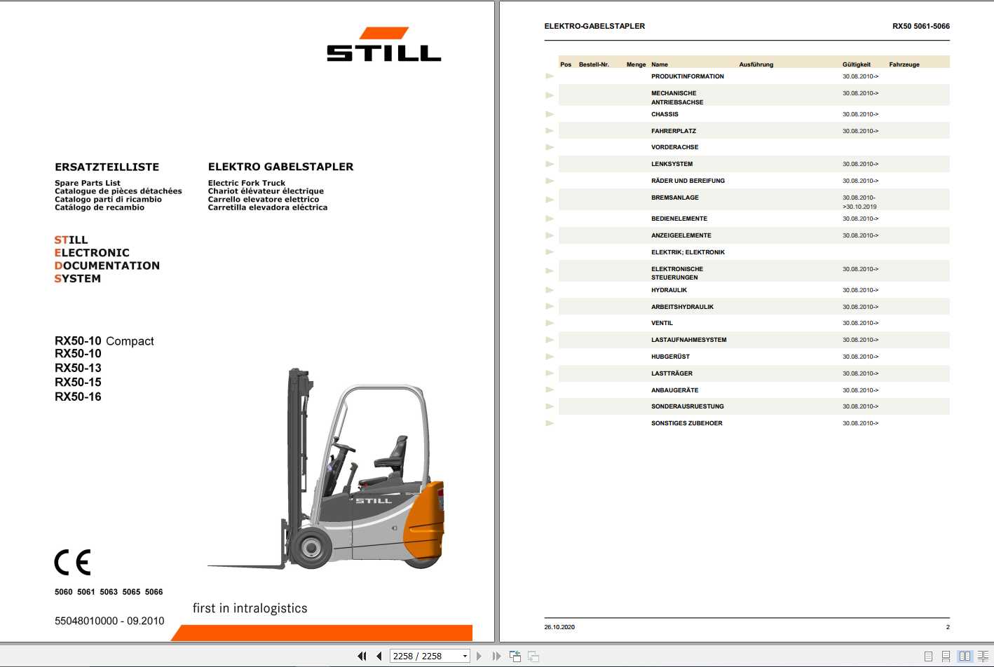 Still Electric Fork Truck RX50 10 RX50 13 RX50 15 RX50 16 5060 5066 Spare Parts List DE 1