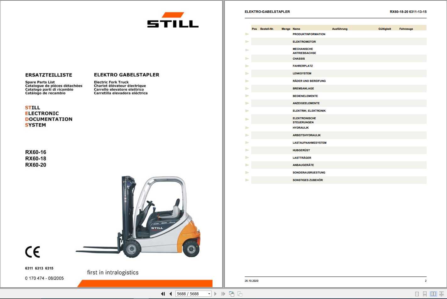 Still Electric Fork Truck RX60 16 RX60 18 RX60 20 6311 6313 6315 Spare Parts List DE 1