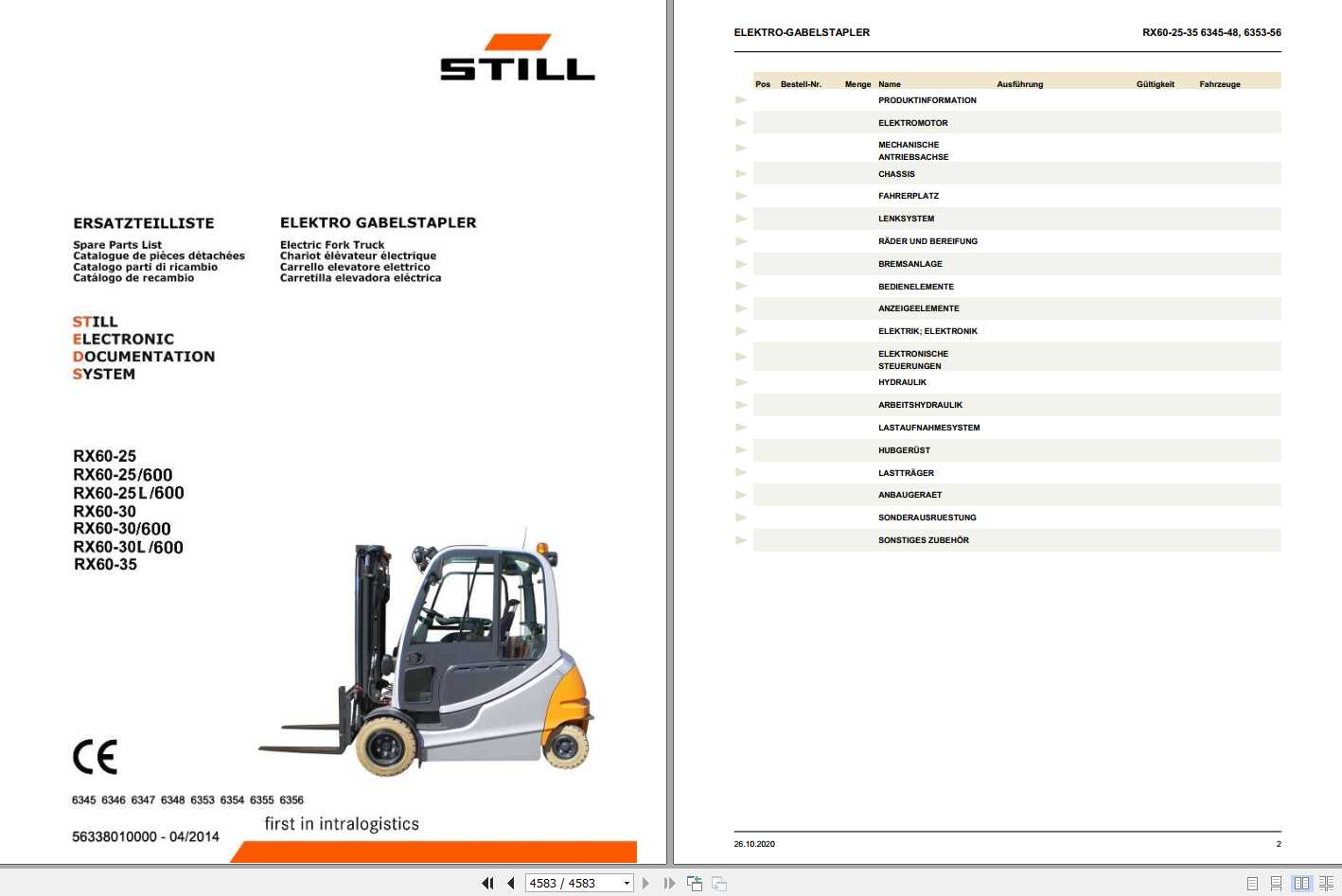 Still Electric Fork Truck RX60 25 RX60 30 RX60 35 6345 6348 6353 6356 Spare Parts List DE 1