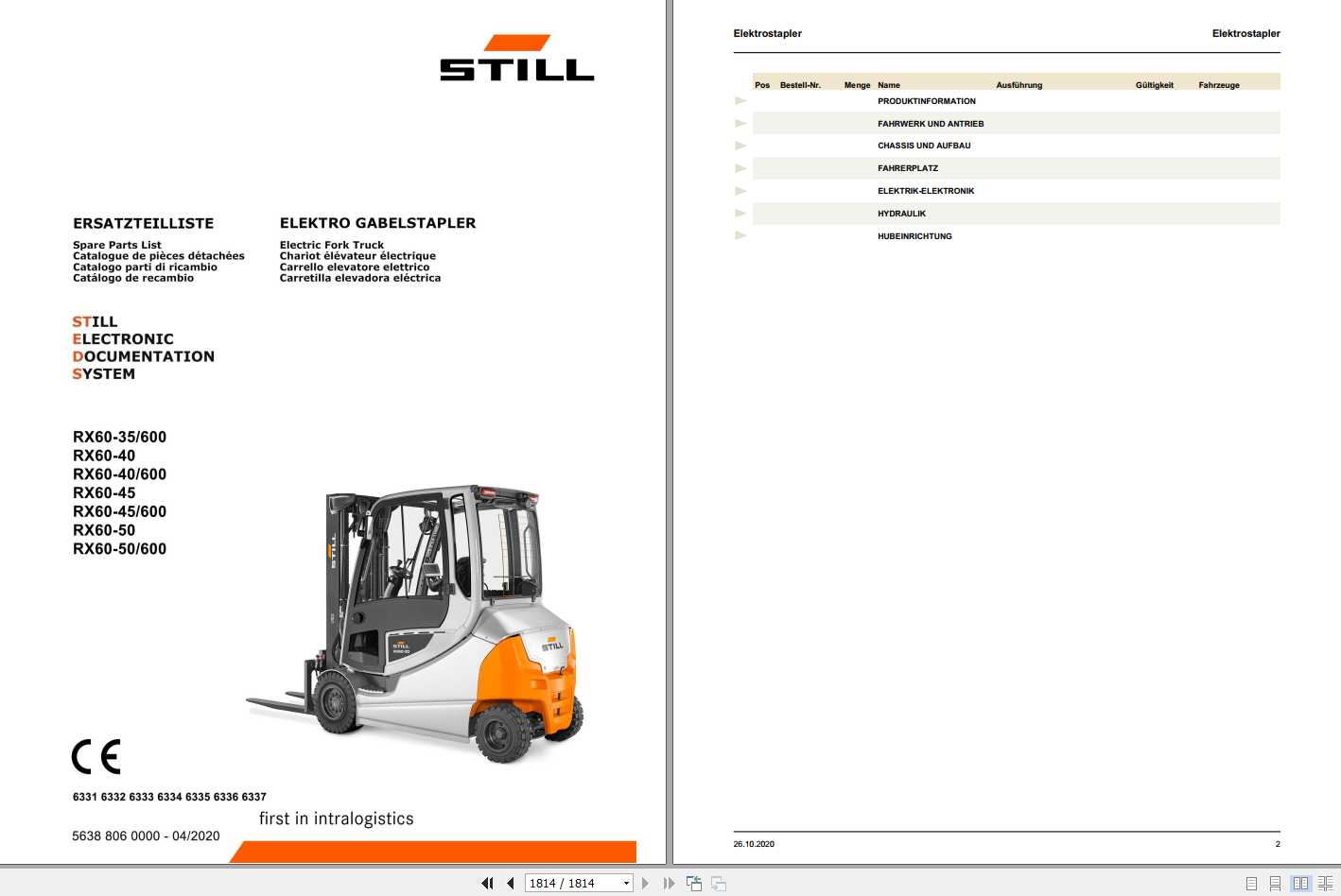 Still Electric Fork Truck RX60 35 RX60 40 RX60 45 RX60 50 6331 6337 Spare Parts List DE 1