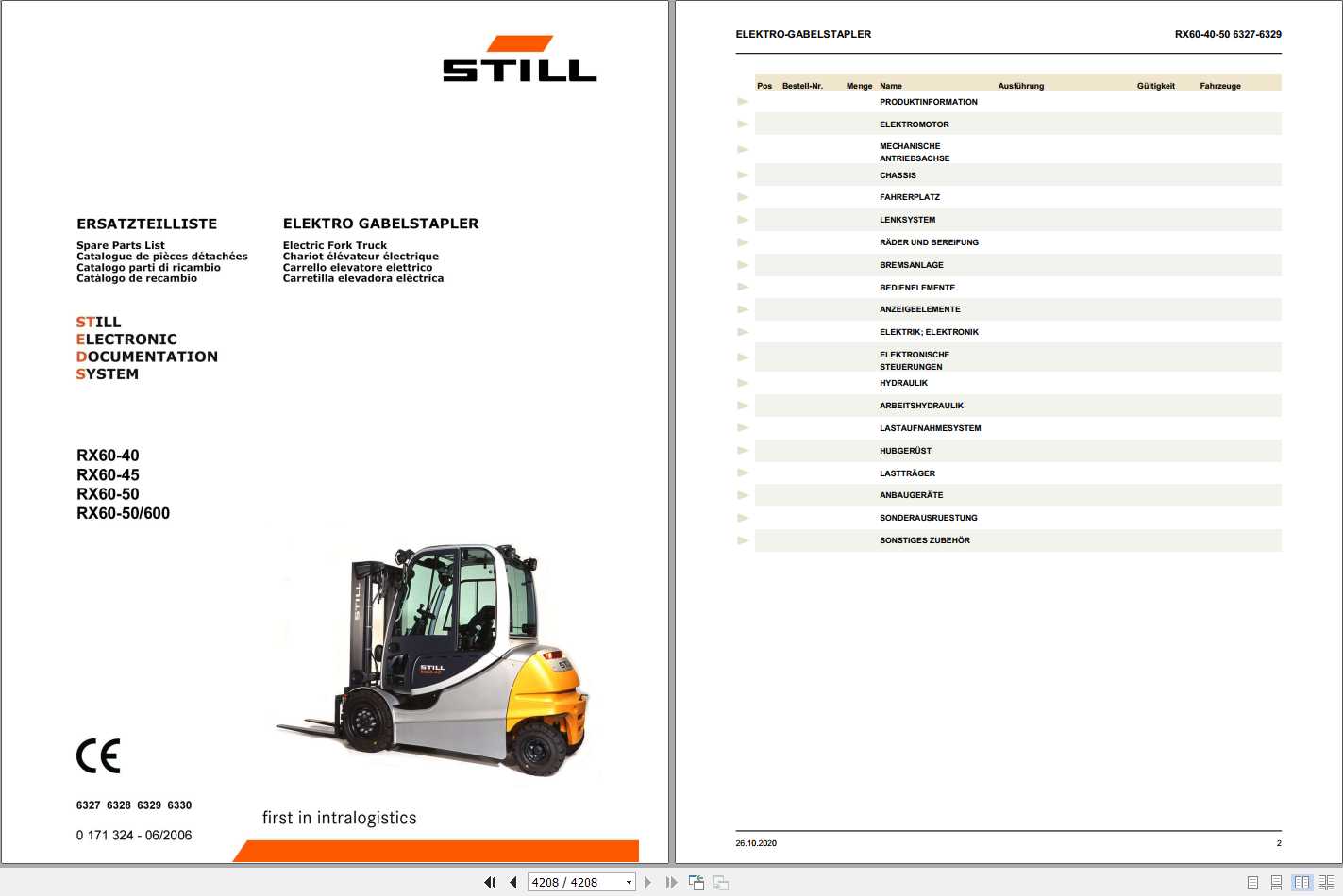 Still Electric Fork Truck RX60 40 RX60 45 RX60 50 6327 6330 Spare Parts List DE 1
