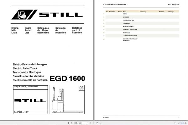 Still Electric Pallet Truck EGD 1600 Spare Parts List DE 1