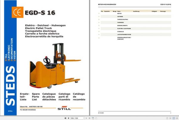 Still Electric Pallet Truck EGD S 16 Spare Parts List DE 1