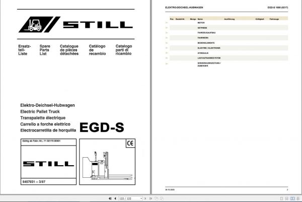 Still Electric Pallet Truck EGD S 1600 Spare Parts List DE 1