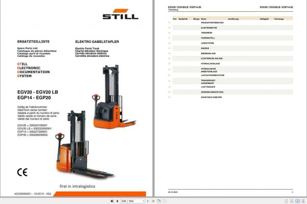 Still Electric Pallet Truck EGV20 EGV20LB EGP14 20 Spare Parts List DE 1