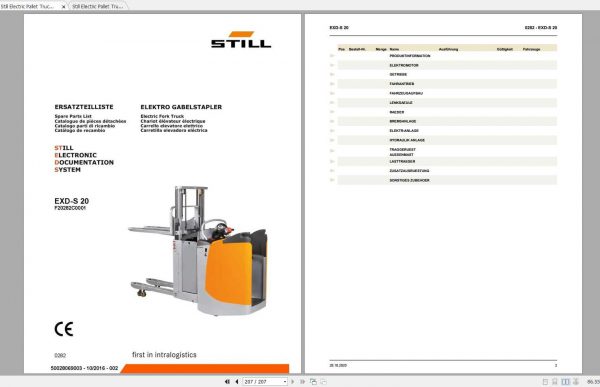 Still Electric Pallet Truck EXD S 20 0249 0282 Spare Parts List DE 1