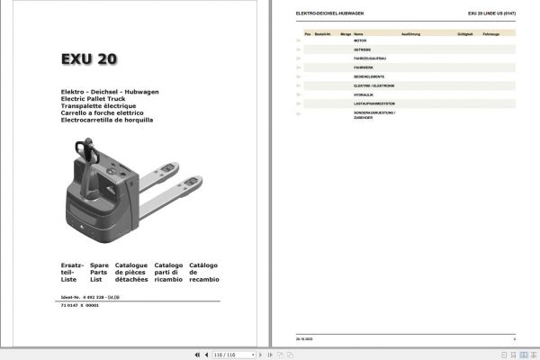Still Electric Pallet Truck EXU 20 LINDE US 0147 Spare Parts List DE 1