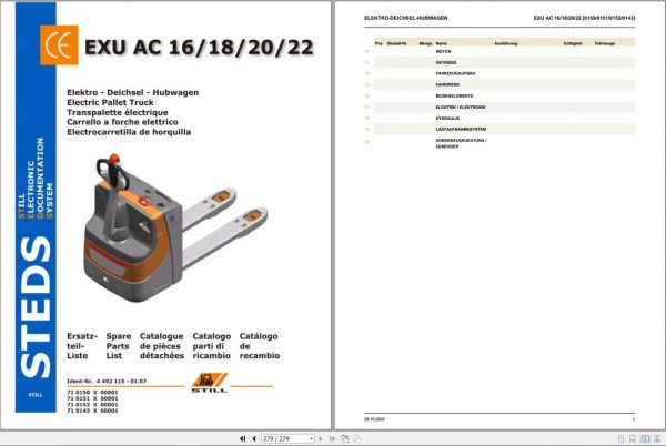 Still Electric Pallet Truck EXU AC 16 18 20 22 Spare Parts List DE 1