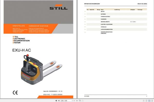 Still Electric Pallet Truck EXU H AC 0203 Spare Parts List DE 1
