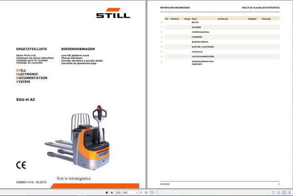Still Electric Pallet Truck EXU H AC Autolift Spare Parts List DE 1