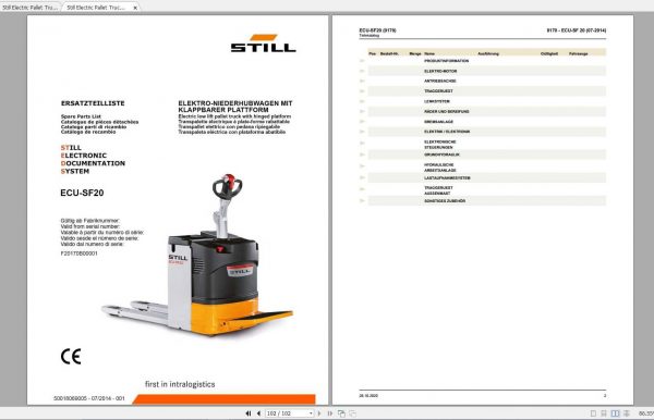 Still Electric Pallet Truck with step plate ECU SF 20 Spare Parts List DE 1