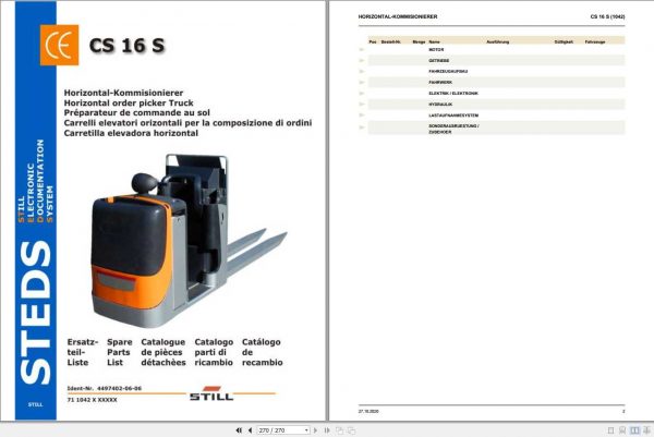 Still Electric Pedestrian Pallet Truck CS 16 S 1042 Spare Parts List DE 1