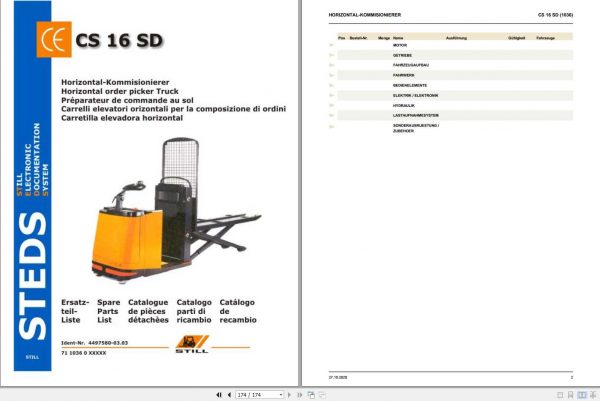 Still Electric Pedestrian Pallet Truck CS 16 SD 1036 Spare Parts List DE 1