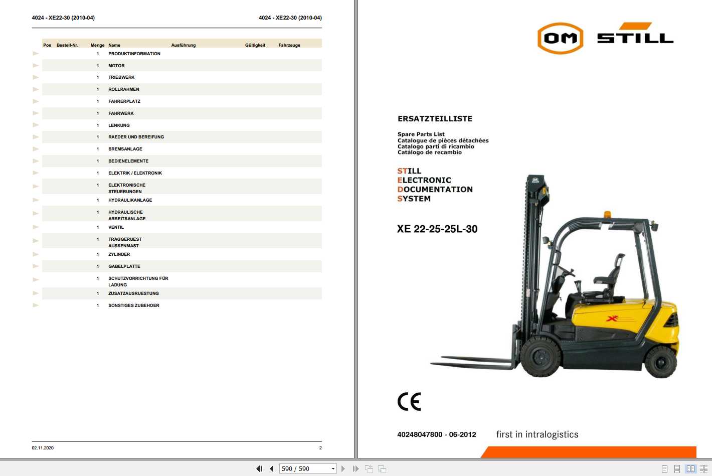 Still Forklift XE22 XE25 XE25L XE30 Spare Parts List DE 1