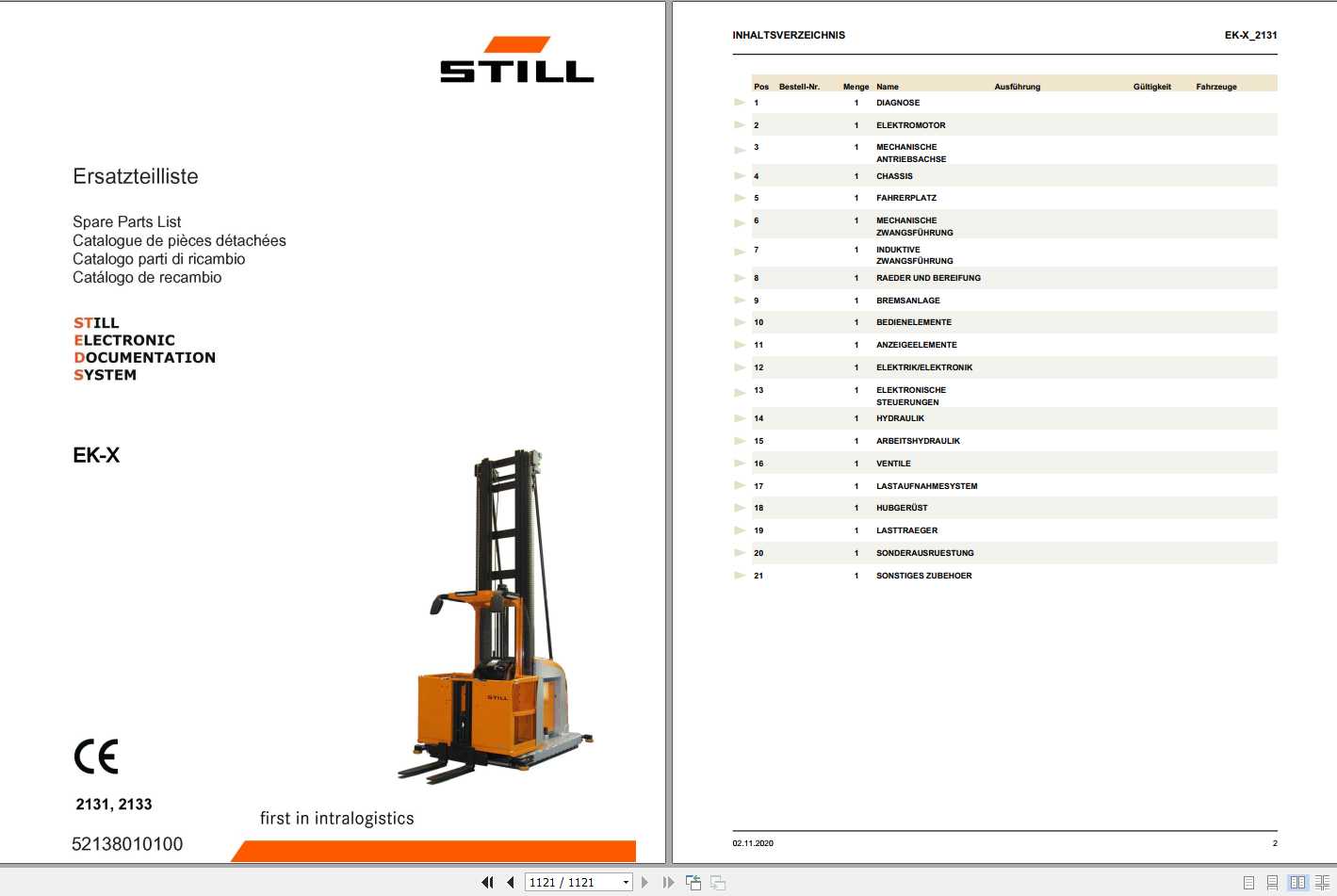 Still High Level Order Picker EK X 2131 EK X 2133 Spare Parts List DE 1