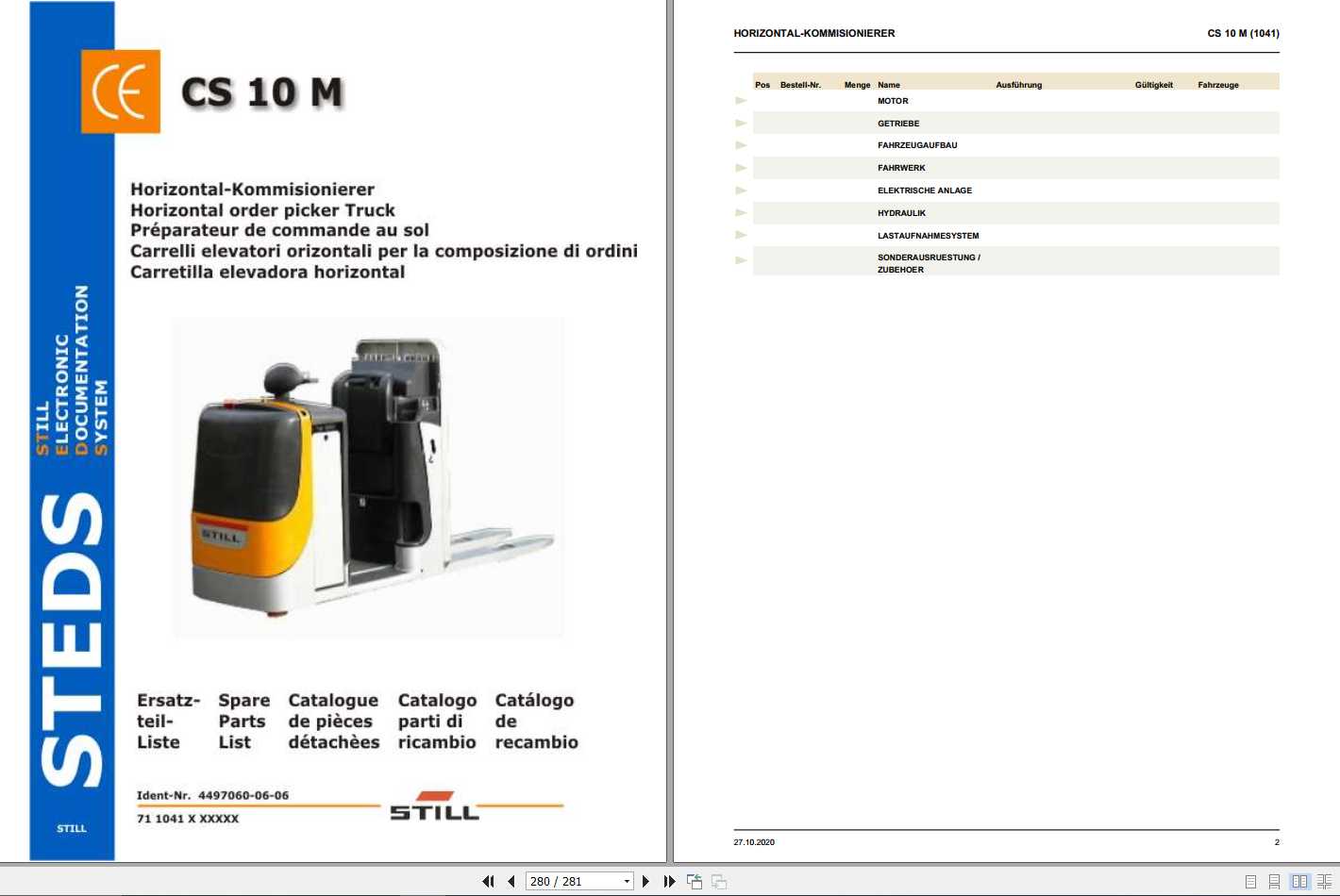 Still Horizontal Order Picker CS 10 M 1041 Spare Parrts List DE 1