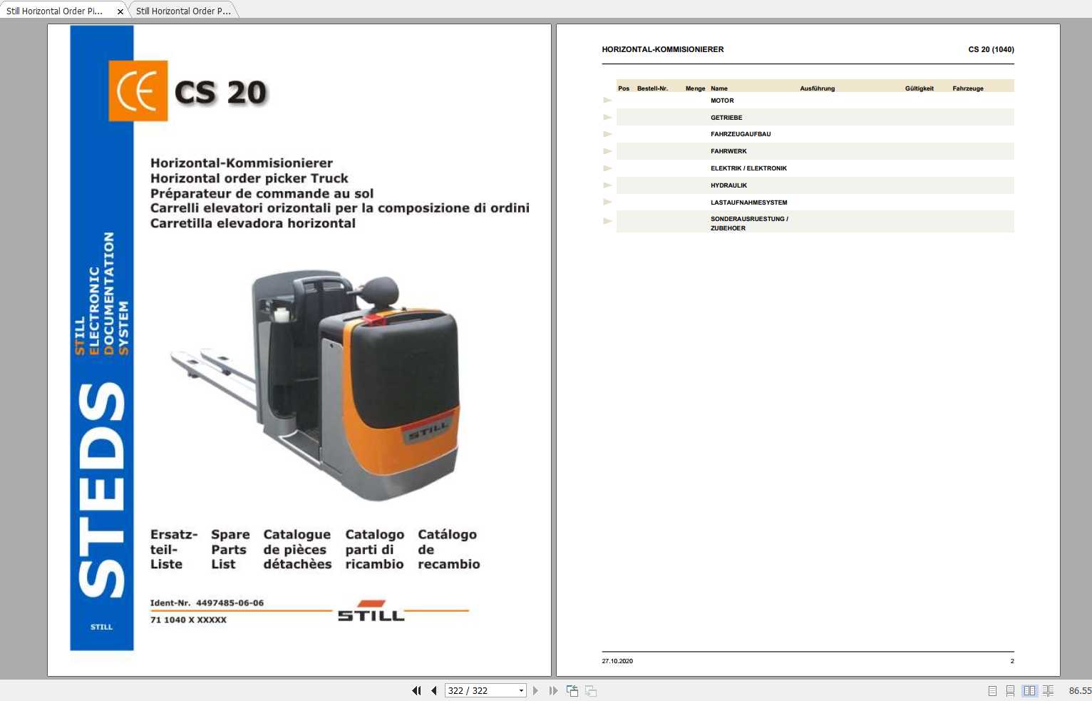 Still Horizontal Order Picker CS 20 Spare Parts List DE 1