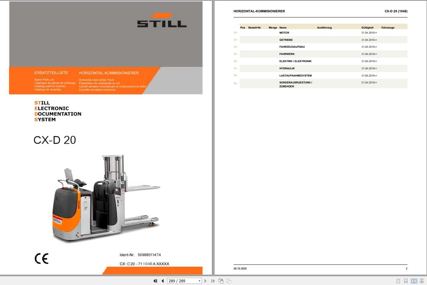 Still Horizontal Order Picker CX D 20 Spare Parts List DE 1