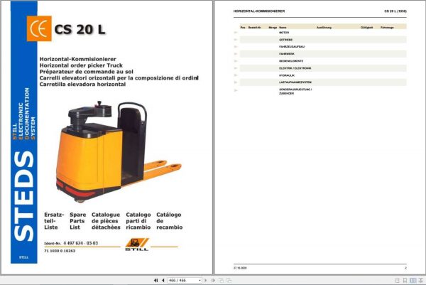 Still Horizontal Order Picker Truck CS 20 L 1043 Spare Parts List DE 1